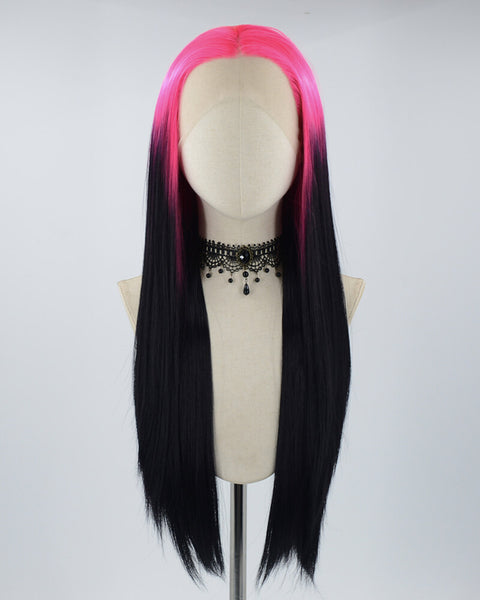 Black Pink LaceFront Wig 22-24 inches 13x4 Lace Front Wigs Pink Roots on Black Hair Wig Human  main image 2