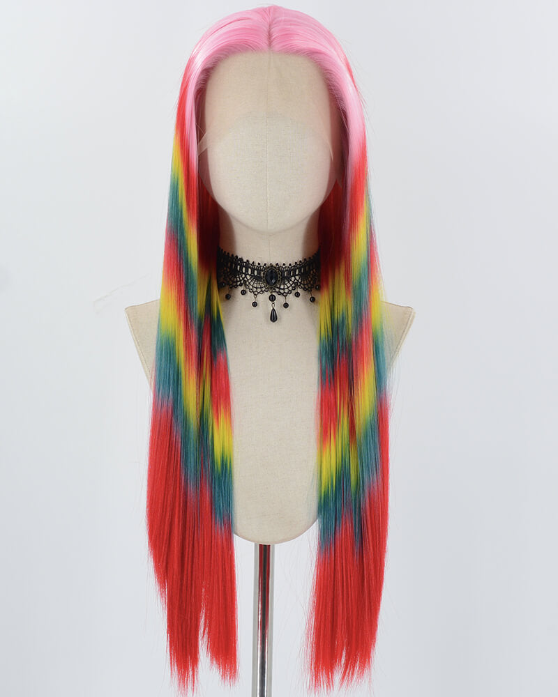 Pink Ombre Red Yellow Green Synthetic Lace Front Wig WW820