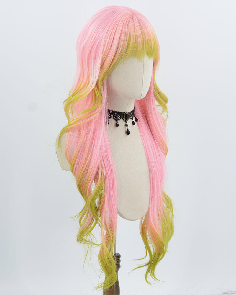Pink Green Long Wavy Synthetic Wig HW768