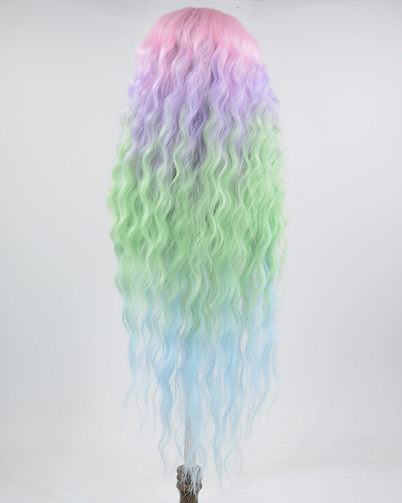 Pink Ombre Rainbow Curly Synthetic Lace Front Wig WW662