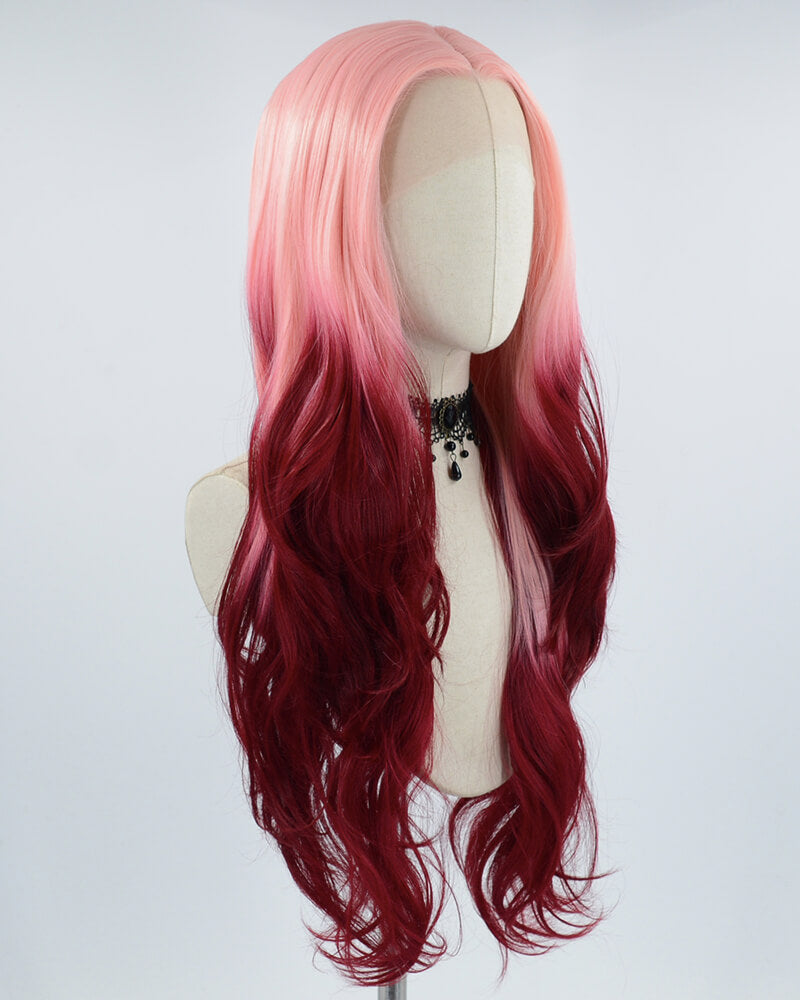 Long Wavy Pink Ombre Wine Red Synthetic Lace Front Wig WT225
