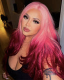 Long Wavy Pink Ombre Wine Red Synthetic Lace Front Wig WT225
