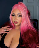 Long Wavy Pink Ombre Wine Red Synthetic Lace Front Wig WT225