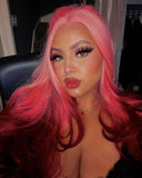 Long Wavy Pink Ombre Wine Red Synthetic Lace Front Wig WT225