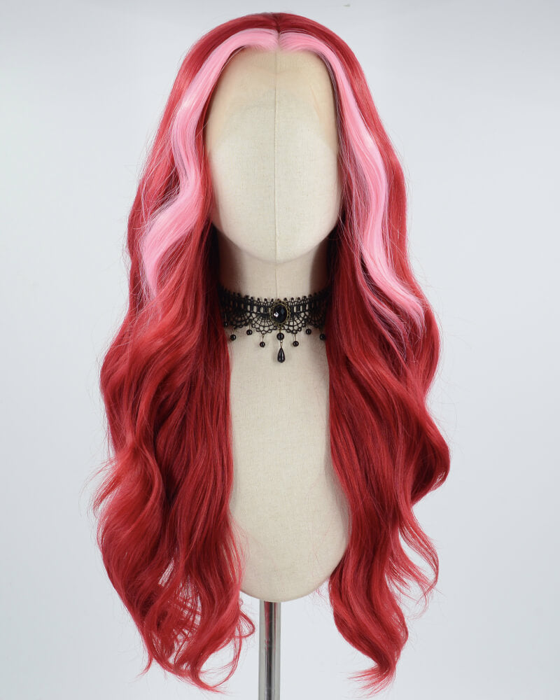 Pink Skunk Stripe Red Synthetic Lace Front Wig WT237