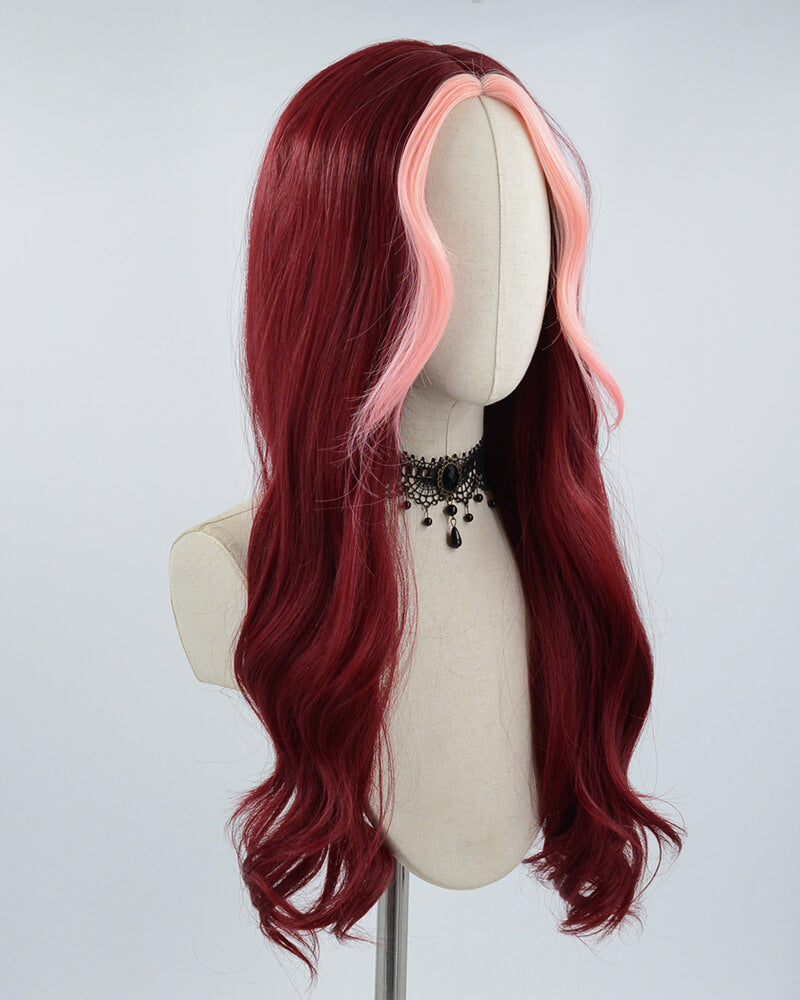 Pink Streaked Wine Red Synthetic Wig HW239