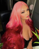 Long Wavy Pink Ombre Wine Red Synthetic Lace Front Wig WT225