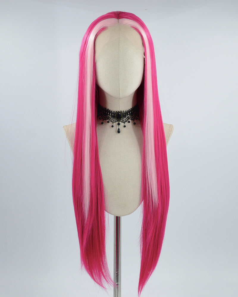 Straight Pink Streaked Long Synthetic Lace Front Wig WW542