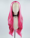 Pink Streaked Wavy Hot Pink Synthetic Lace Front Wig WW375