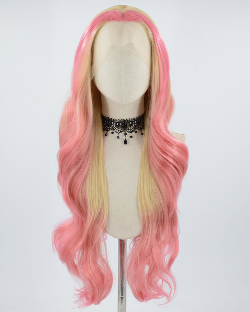 Blonde Pink Long Wavy Synthetic Lace Front Wig WT240