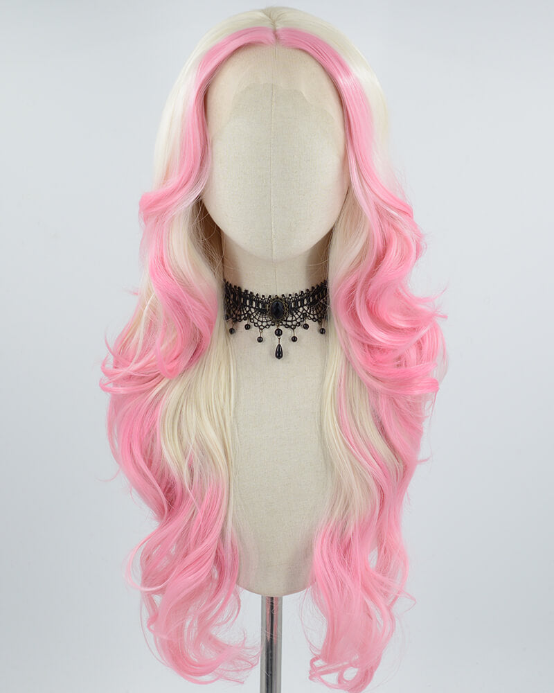 Platinum Blonde Ombre Pink Wavy Synthetic Lace Front Wig WW642