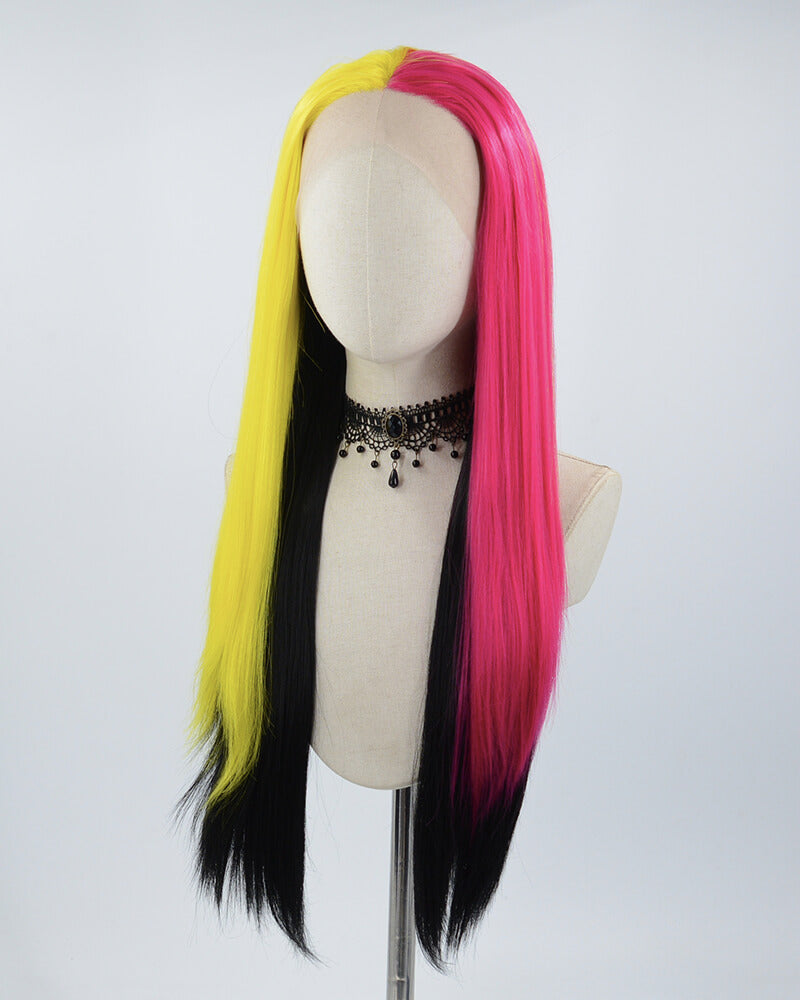 Yellow Pink Black Straight Synthetic Lace Front Wig WW515