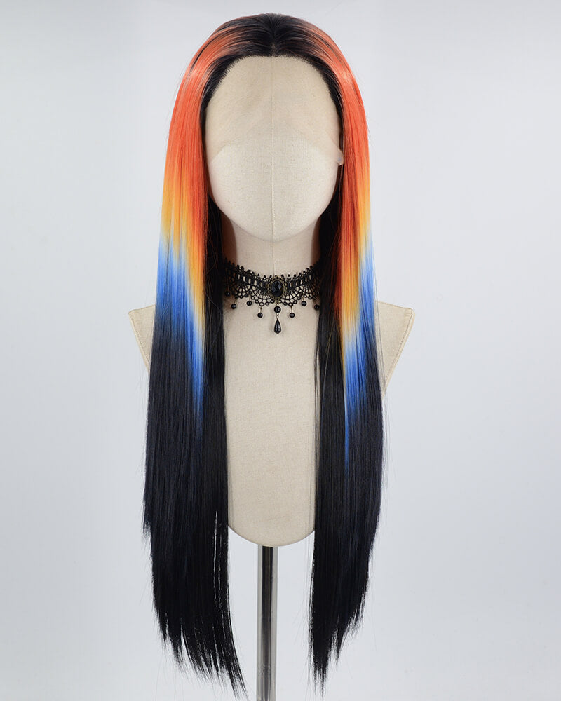 Rainbow Black Ombre Orange Blue Synthetic Lace Front Wig WW634