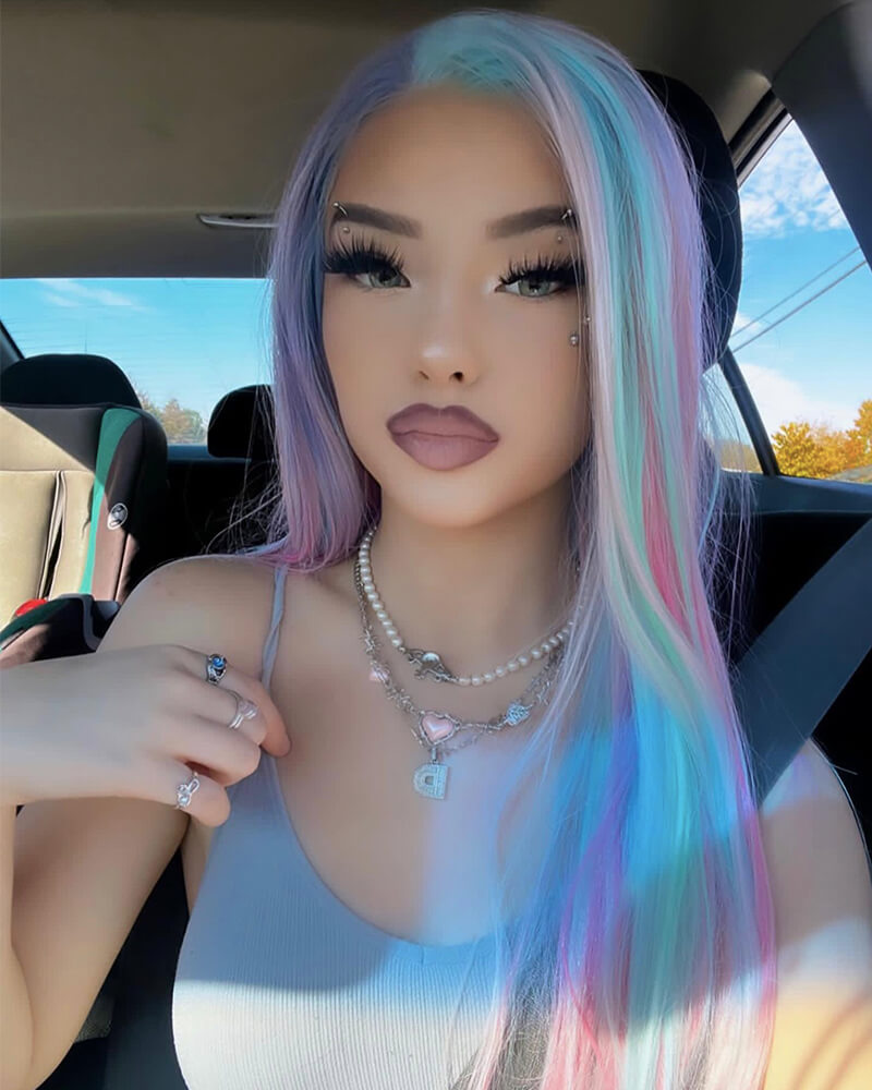 Pink Rainbow Long Straight Synthetic Lace Front Wig WW567