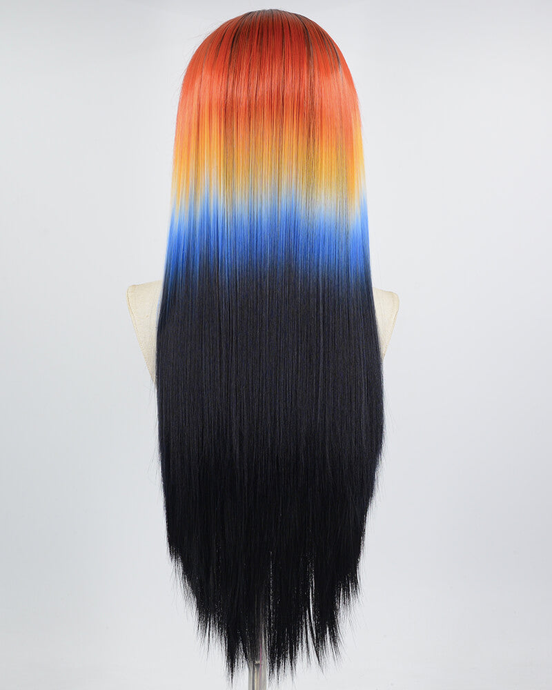 Rainbow Black Ombre Orange Blue Synthetic Lace Front Wig WW634