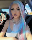 Pink Rainbow Long Straight Synthetic Lace Front Wig WW567