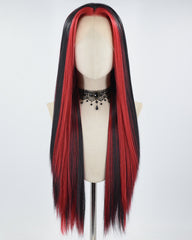 Black Skunk Stripe Red Long Straight Synthetic Lace Front Wig WW689
