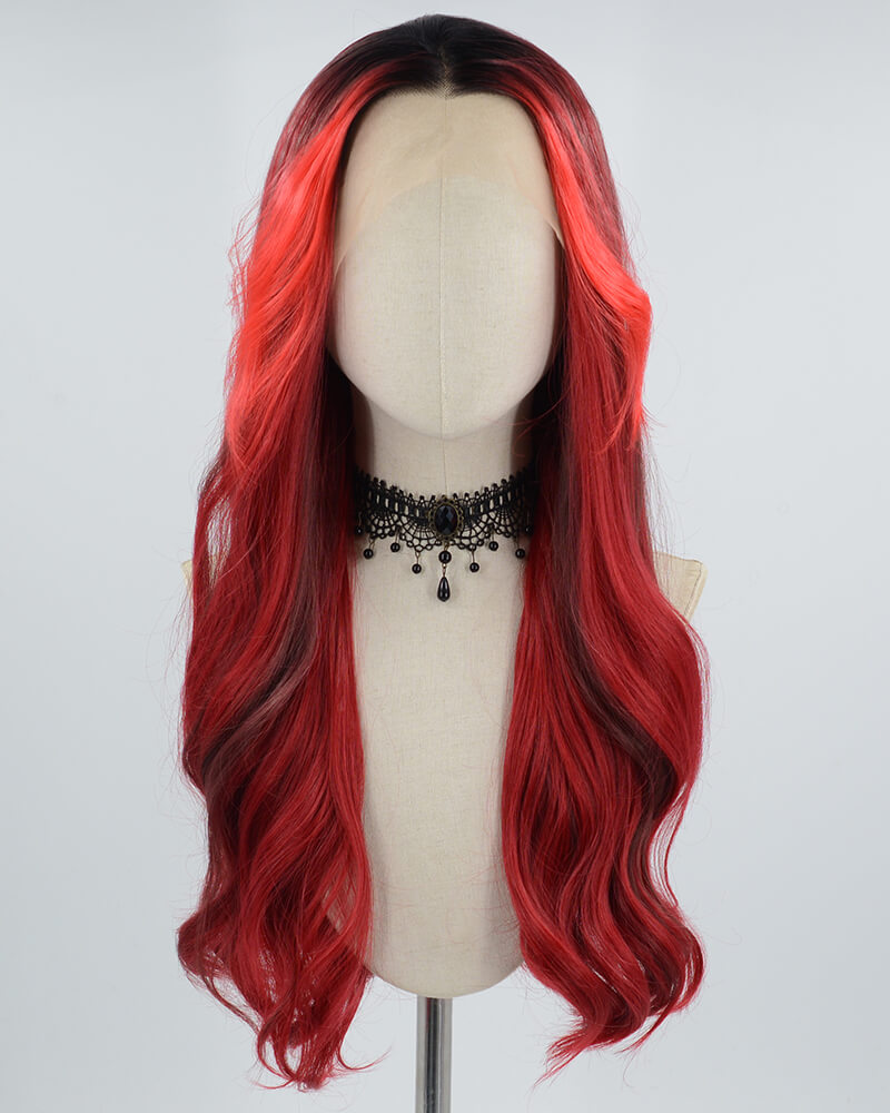 Ombre Black Red Synthetic Lace Front Wig WW640