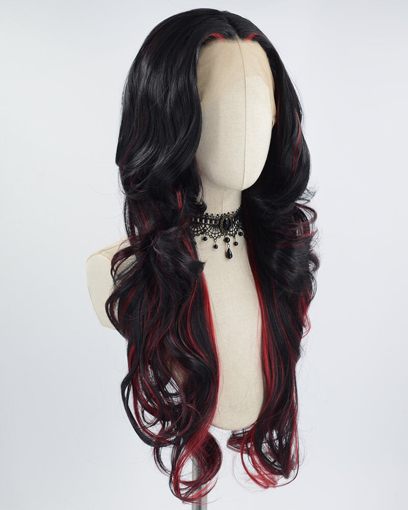 Red Black Long Wavy Synthetic Lace Front Wig WW571