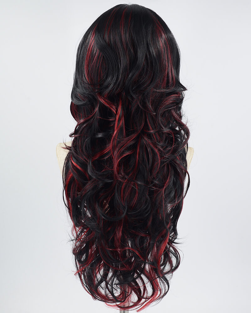 Red Black Long Wavy Synthetic Lace Front Wig WW571