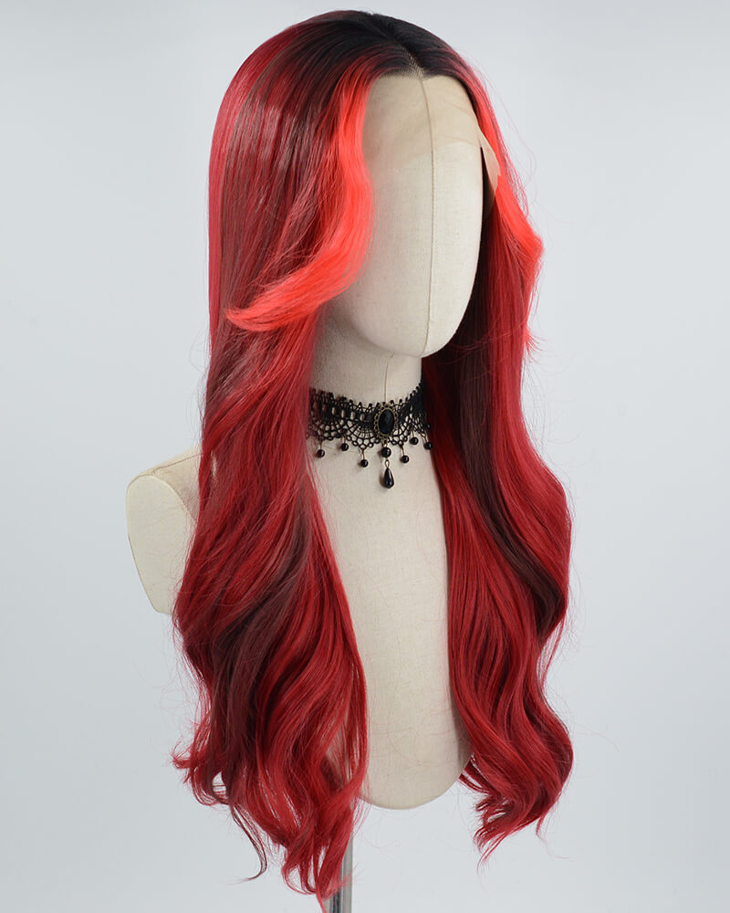 Ombre Black Red Synthetic Lace Front Wig WW640
