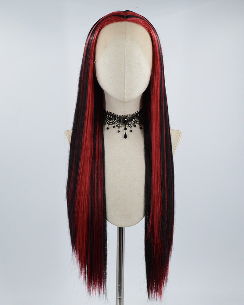 Red Streaked Black Synthetic Lace Front Wig WW511