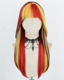 Yellow Red Highlights Black Synthetic Wig HW835