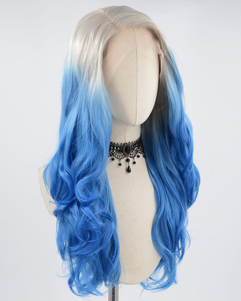 Grey Ombre Blue Wavy Synthetic Lace Front Wig WW574