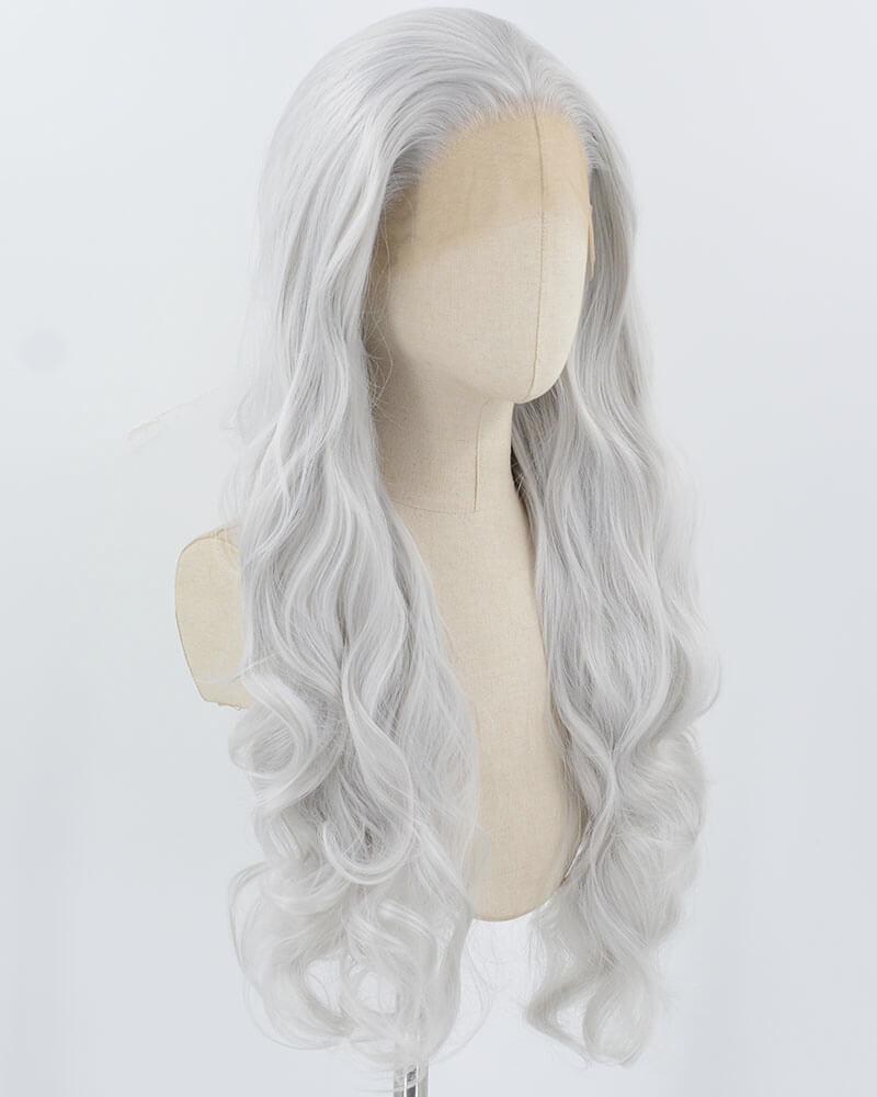 Silver Grey Long Wavy Synthetic Lace Front Wig WW906