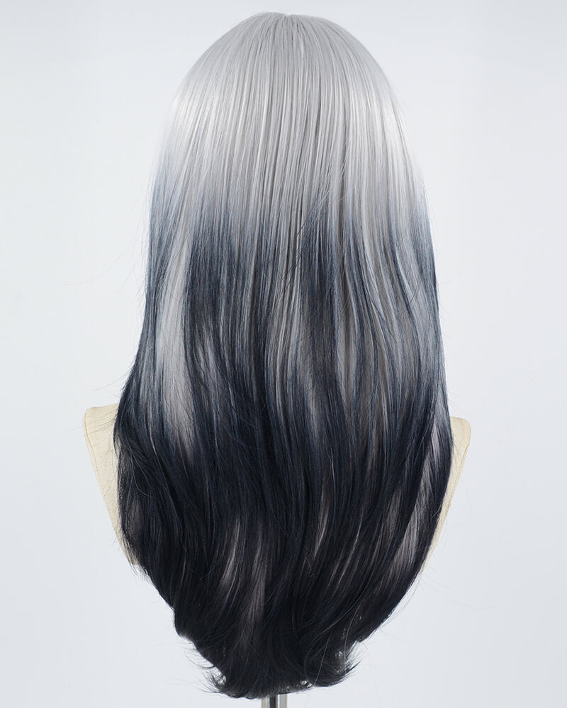 Silver Grey Ombre Black Long Curl Synthetic Lace Front Wig WW541