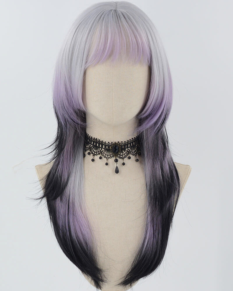 Silver Grey Ombre Purple Synthetic Wig HW568
