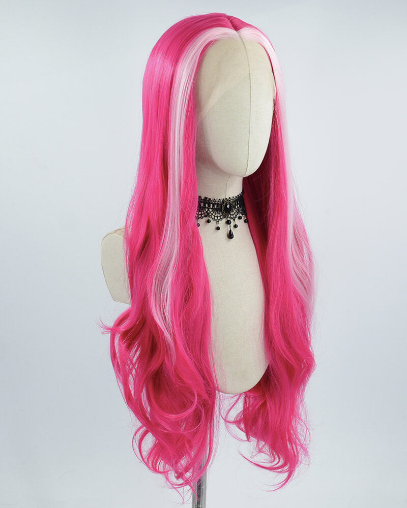 Pink Streaked Wavy Hot Pink Synthetic Lace Front Wig WW375