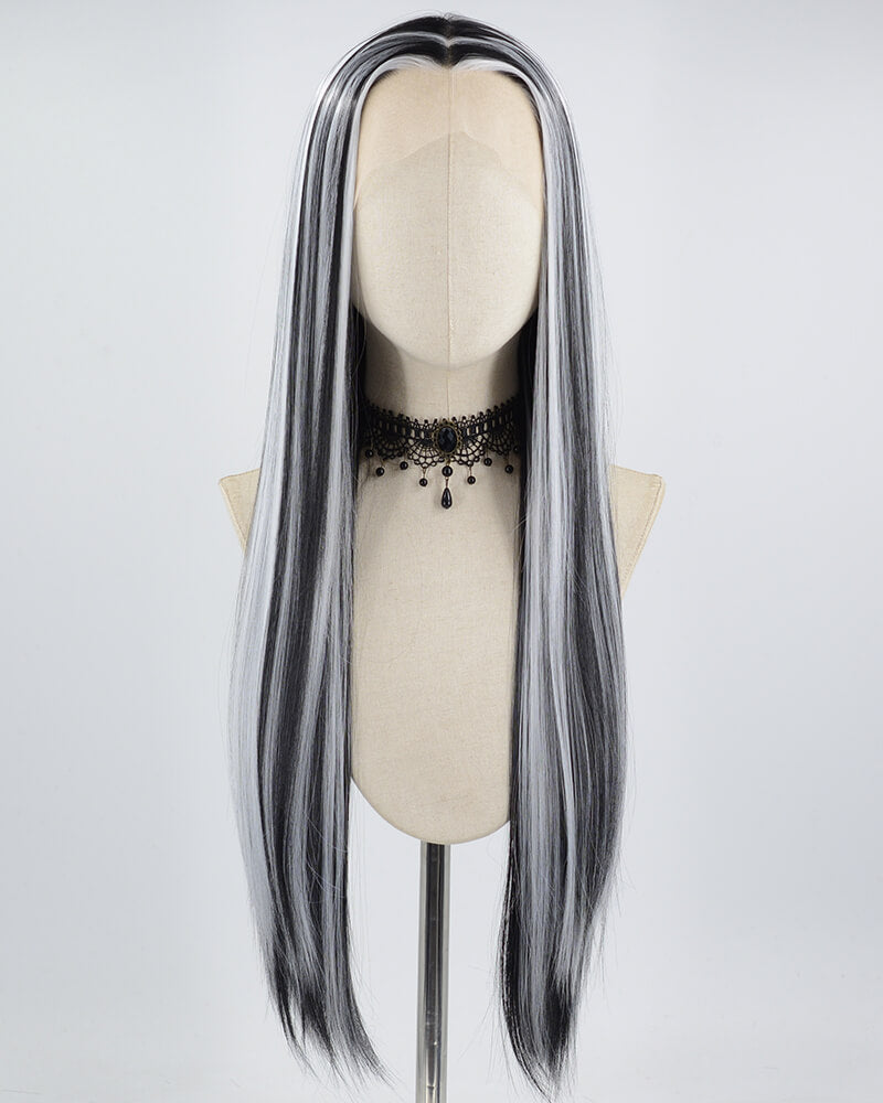 Long Black Highlights White Synthetic Lace Front Wig WT233