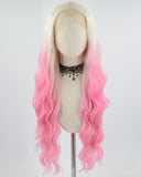 Platinum Blonde Ombre Pink Wavy Synthetic Lace Front Wig WW646