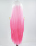 White Ombre Pink Long Straight Synthetic Lace Front Wig WW633