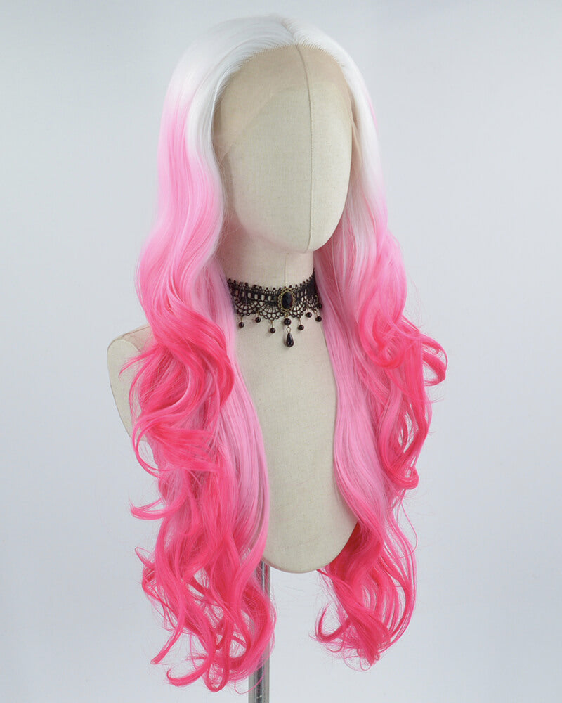 White Ombre Pink Wavy Synthetic Lace Front Wig WW004