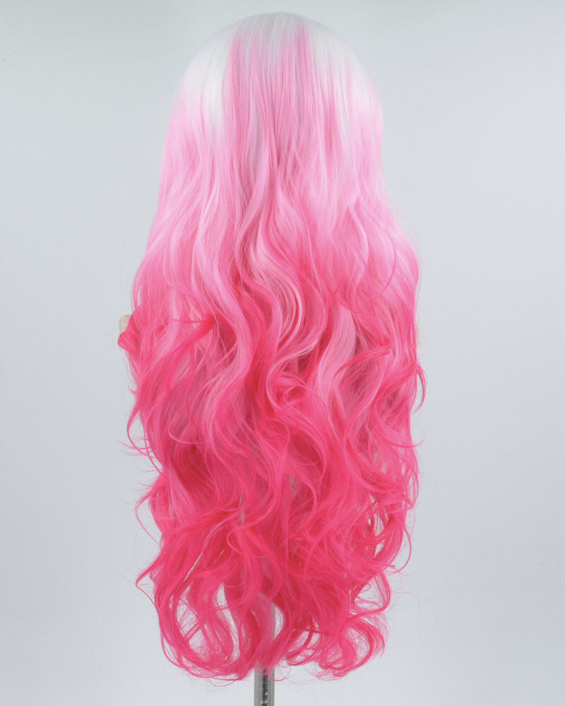 White Ombre Pink Wavy Synthetic Lace Front Wig WW004