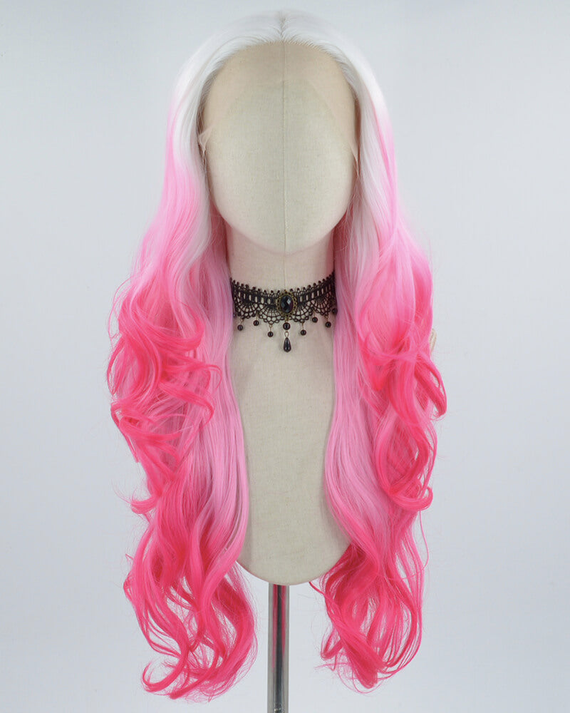 White Ombre Pink Wavy Synthetic Lace Front Wig WW004