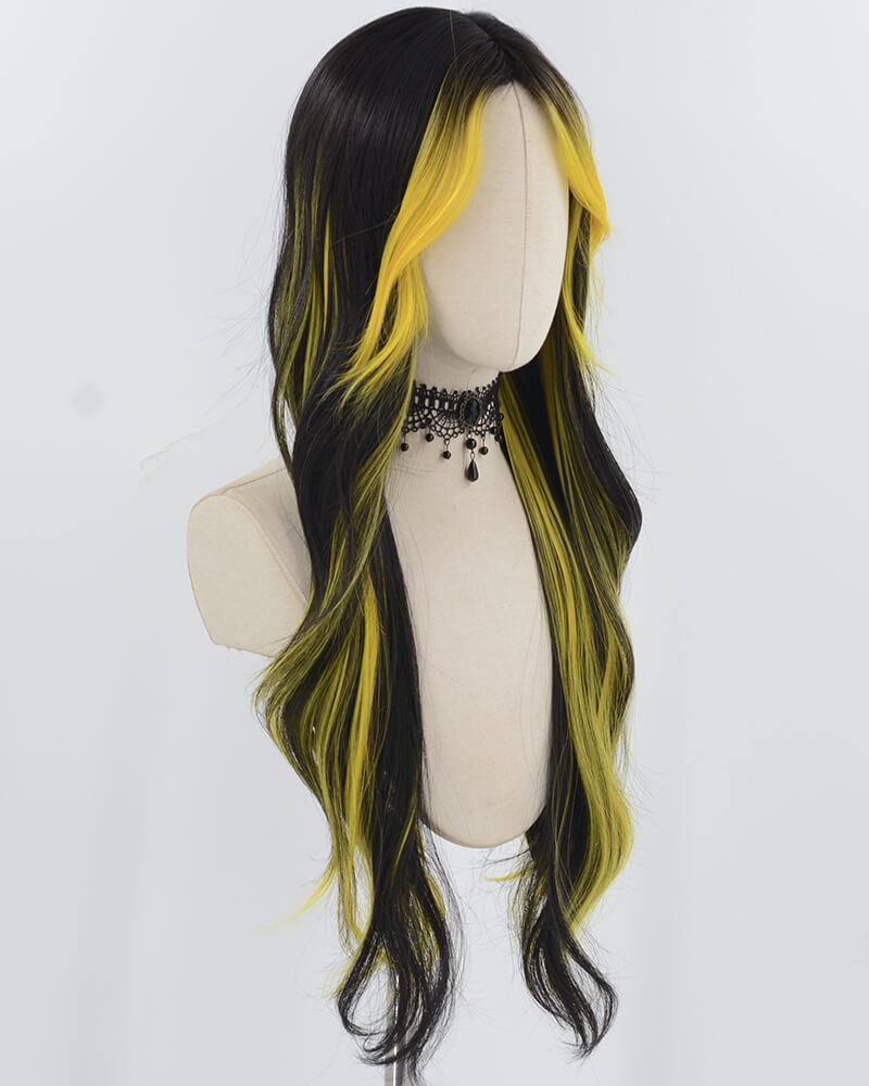 Yellow Black Long Wavy Synthetic Wig HW690