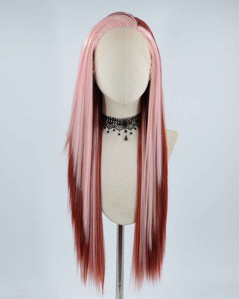 Pink Streaked Wine Red Synthetic Lace Front Wig WW470