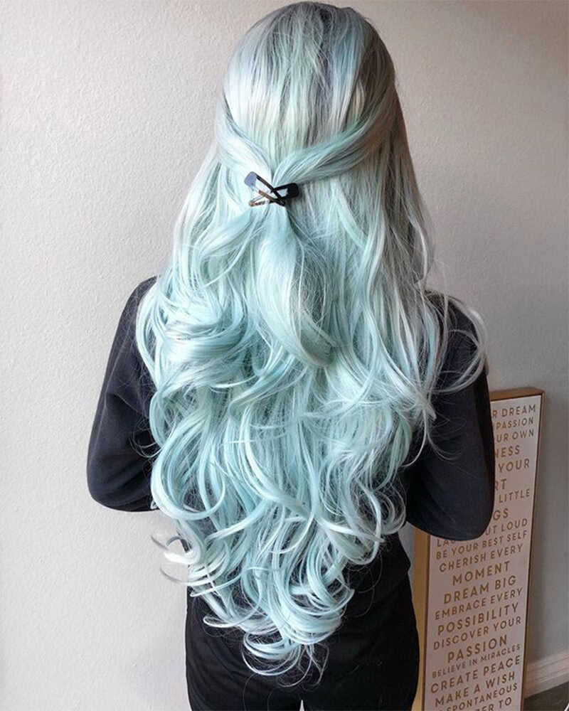 Pastel Green Long Wavy Synthetic Lace Front Wig WT021