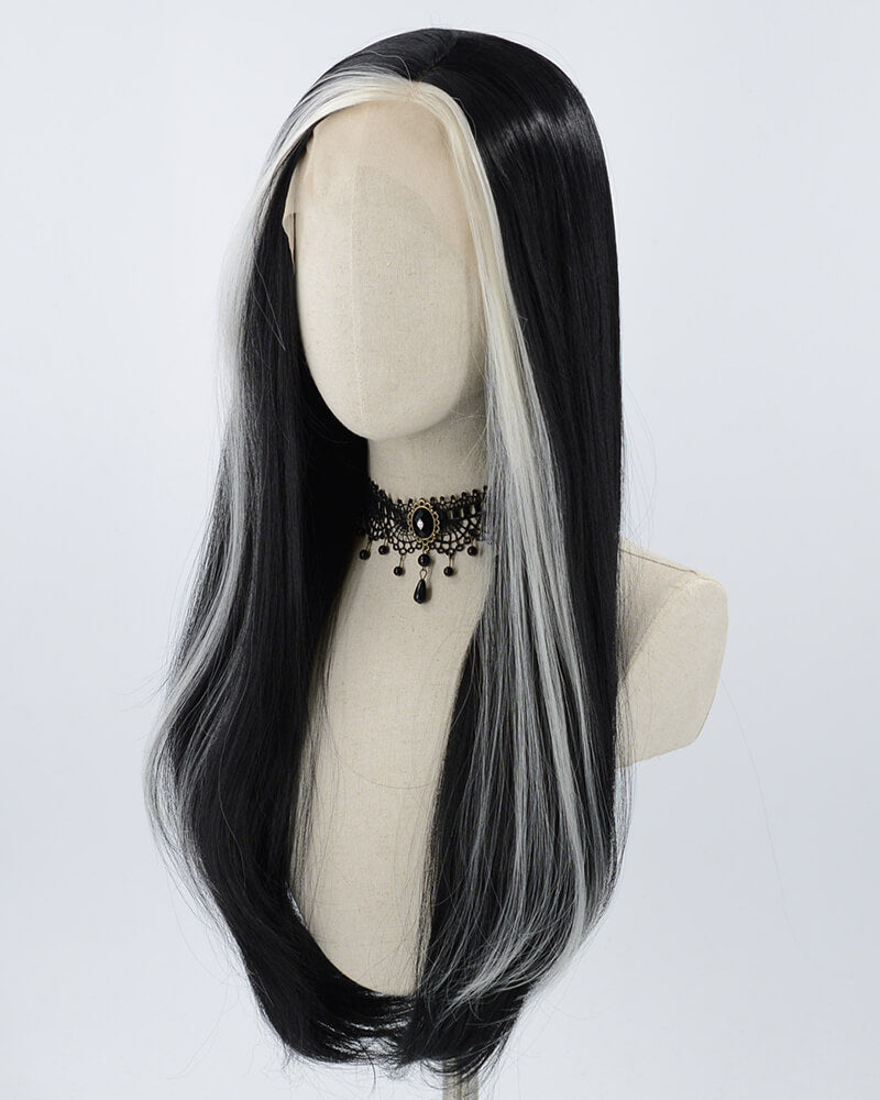 24 Inch Platinum Streaked Black Synthetic Lace Front Wig WW285