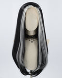 24 Inch Platinum Streaked Black Synthetic Lace Front Wig WW285