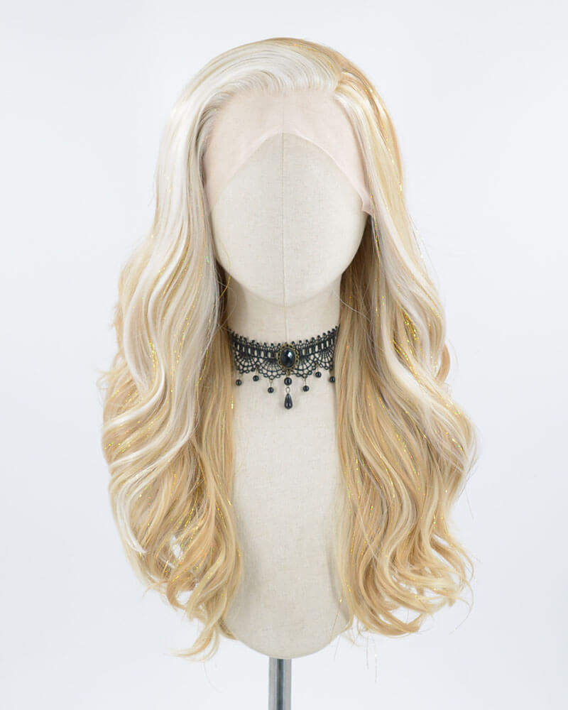 Blonde Streaked Brown Tinsel Synthetic Lace Front Wig WW371