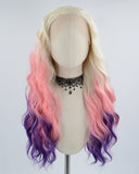 Curly Blonde Ombre Pink Purple Synthetic Lace Front Wig WW448