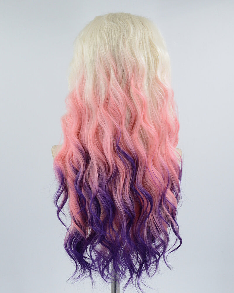 Curly Blonde Ombre Pink Purple Synthetic Lace Front Wig WW448