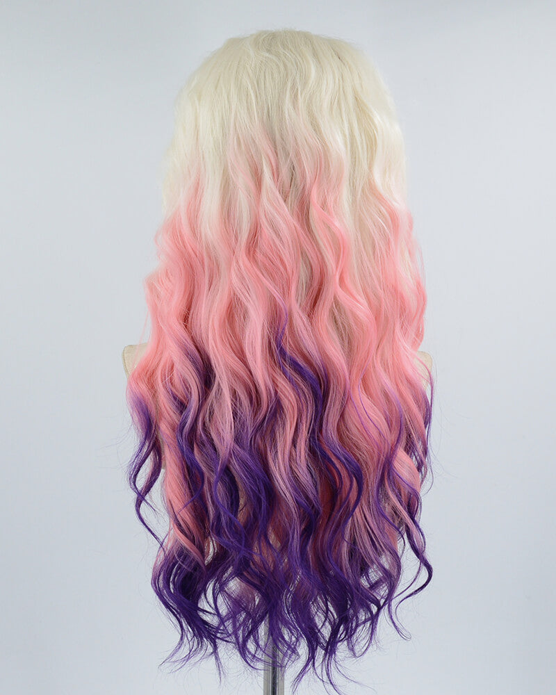 Curly Blonde Ombre Pink Purple Synthetic Lace Front Wig WW448