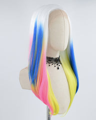 White Ombre Blue Pink Yellow Synthetic Lace Front Wig WW436