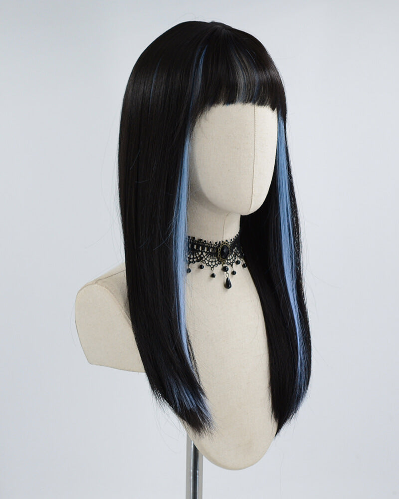 Blue Streaked Black Synthetic Wig HW198