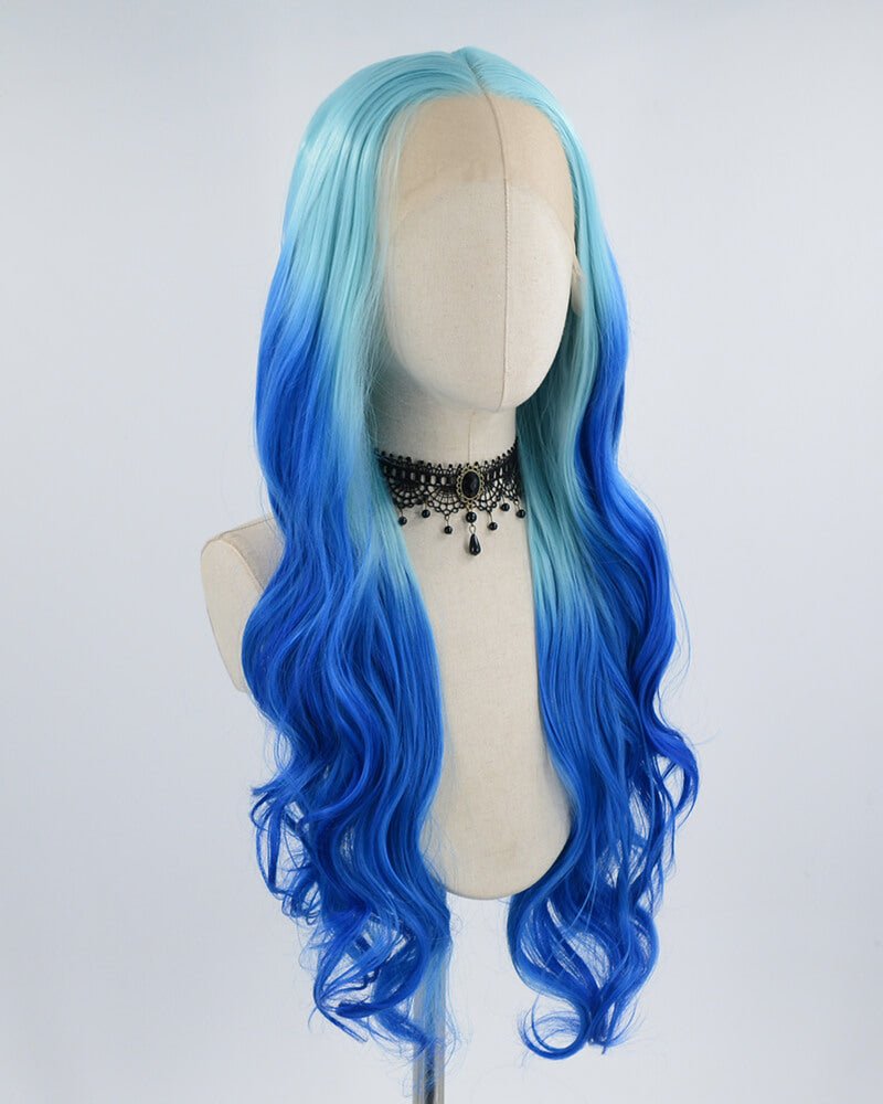 Ombre Blue Long Wavy Synthetic Lace Front Wig WW447